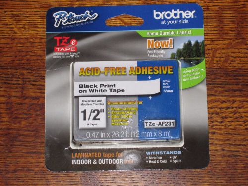Brother P-touch Tape TZe-AF231 Labels Black on White w/ Acid Free Adhesive