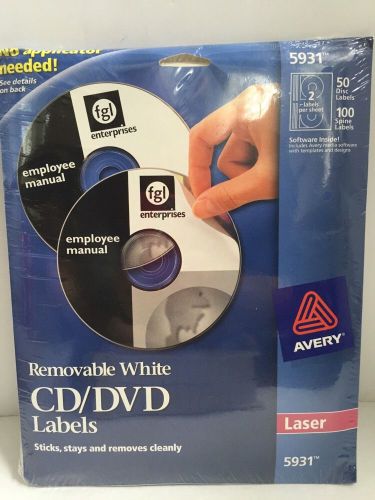 NEW GENUINE AVERY 5931 Removable White CD/DVD 50 Labels Software Included
