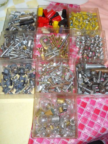 Lot of vintage bolts, nuts, screws, plug in bulbs, electrical supplies, misc
