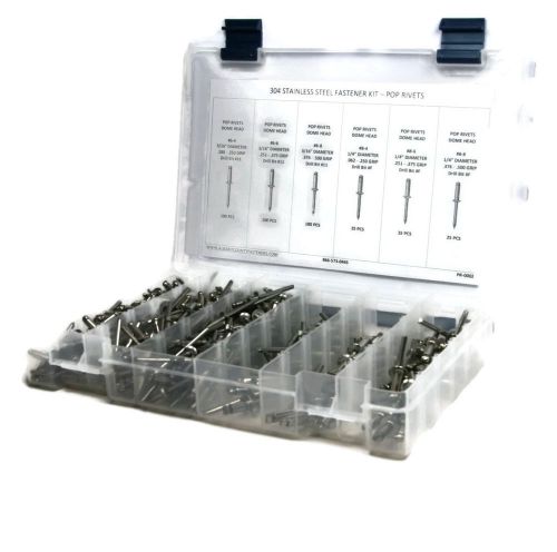 304 stainless steel domed pop rivet fastener assortment kit - 376 piece - 6 to 8 for sale