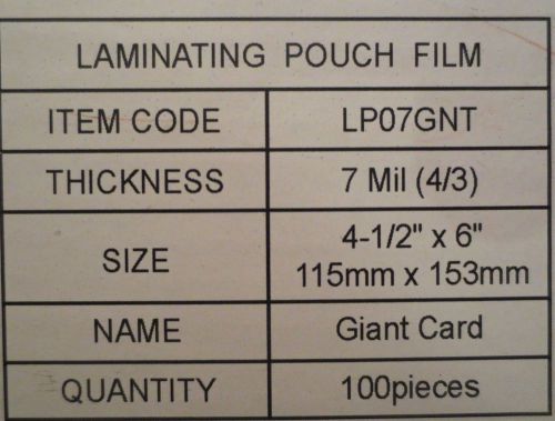 100 PCS. GIANT CARD LAMINATING POUCH FILM THICKNESS:7 MIL SIZE:4-1/2&#034;x6&#034;
