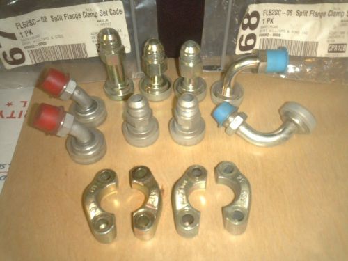 Hydraulic hose fittings lot  0808  9 fittings with 2 split flanges 90  elbow for sale