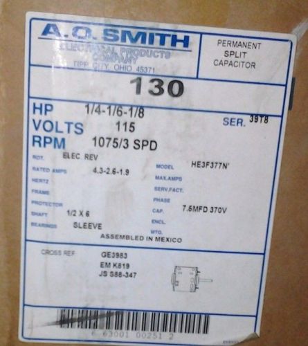 A O Smith Motor HE3F377N 1075RPM 1/4-1/6-1/8HP 60HZ 1 PH 115V 1/2 x 6 Shaft