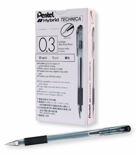 Pentel Arts Hybrid Technica 0.3 mm Pen, Ultra Fine Point, Black Ink, Box of 12