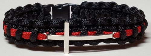 &#034;Thin Red Line&#034; Fireman Chaplain Paracord Bracelet With Two Inch Silver Cross