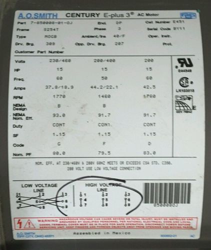 A.O. Smith Century E Plus 3 15 HP Motor 7-850008-01-0J