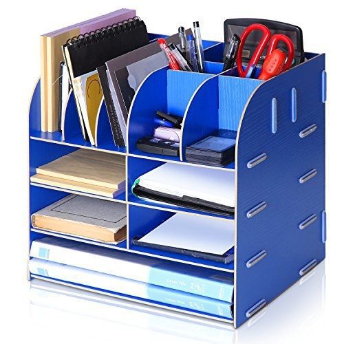 MyGift Blue Card Board Desktop Caddy Organizer Shelf Rack / Mail Sorter / Pen &amp;