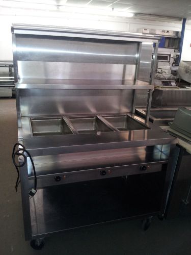 Delfield 3 well steam table with double overhead shelf ehe148c for sale