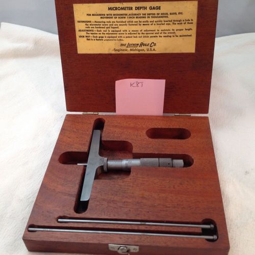 Used lufkin no. 514 micrometer depth gage set w/ vintage wood case 3 rods (k81) for sale