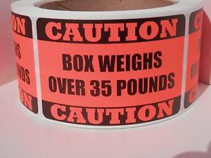 CAUTION BOX WEIGHS OVER 35 POUNDS  2x3 sticker label red fluorescent bkgd 250/rl