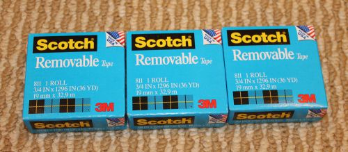 3 rolls scotch removable tape 3m 811 3/4&#034; x 1296&#034; 36 yd larger roll new sealed for sale