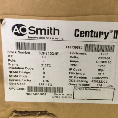 NEW, AO SMITH ELECTRIC MOTOR, # TCF81031E  7.5 HP  230/460V. 1750 RPM  213TC F.