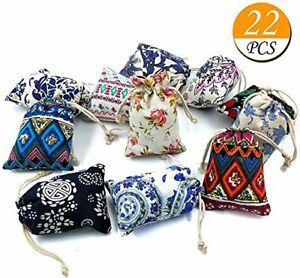 22pcs Retro Ethnic Pattern Canvas Jewelry Pouch  Candy Chocolate  Drawstring