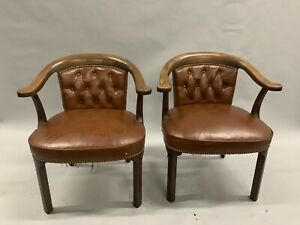 Vintage Oak &amp; Leather Side Chair Pair