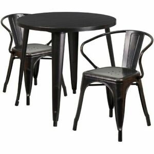 30&#039;&#039; Round Black-Antique Gold Metal Indoor-Outdoor Table Set with 2 Arm Chairs