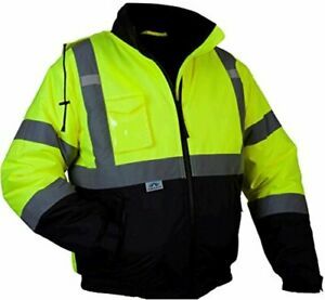 Pyramex Safety Bomber Jacket with Quilted Lining, Hi-Vis, Hi-Vis Lime, Size 2.0