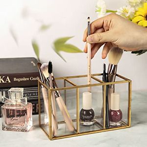 NIUBEE Acrylic Pen Holder 3 Compartments, Gold Pencil Organizer Cup for Desk
