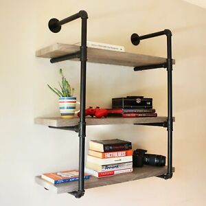 Sunnydaze 3-Tier Industrial Style Wall Bookshelf - Black Pipe Frame - Oak Gray