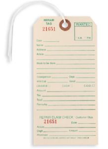 1000 repair tags 6.25 x 3.125 manila reninforced eye numbered string strung