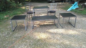 Gun metal w/ wood top furniture set including dining/coffee/end tables and chair