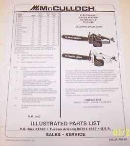 McCULLOCH ELECTRIC CHAIN SAWS MS1425, MS1630, 400S-18 OEM ILLUSTRATED PARTS LIST
