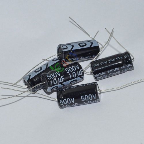 5pc 500v 10uf 85c long leads axial electrolytic polarized capacitors fr tube amp for sale
