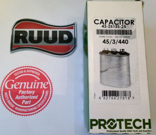 Rheem ruud capacitor - uf 45/3/440 volt dual oval 43-25135-25 for sale