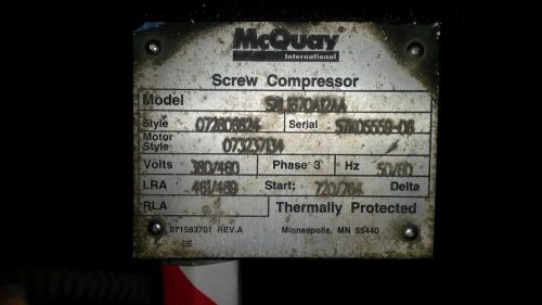 Mcquay 3 phase 460 volts screw compressor sal167qa12aa for sale