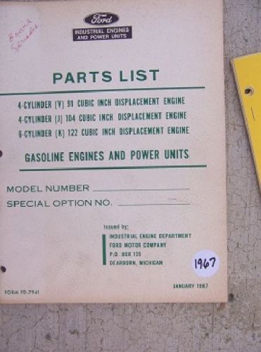1967 Ford Gasoline Engine Power Unit Parts List V 91 CID J 104 CID K 122 CID  L