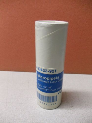 1 Pack of 250 VWR MicroPipets Calibrated Color Coded,100 ul,No.53432-921
