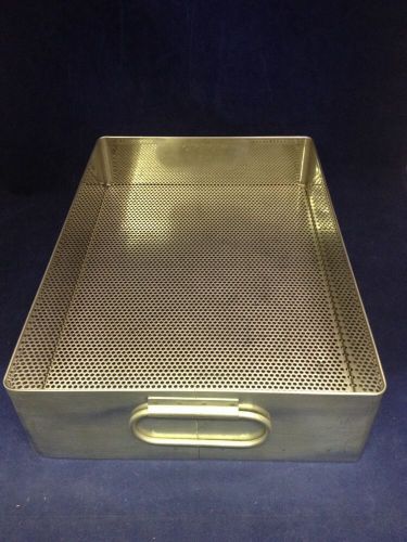 Stainless instrument tray 15x10.5x3.5&#034; handles perforate sterilization good cond for sale
