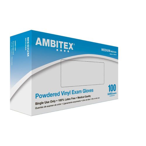 Ambitex Disposable Vinyl Exam Gloves Powdered Size Medium Box of 100 Latex Free