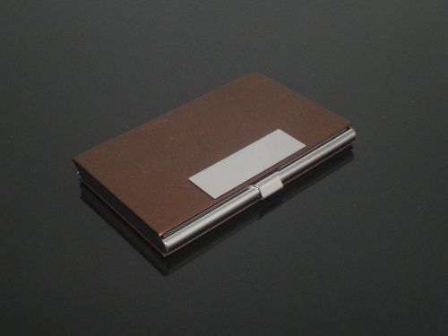 Brown leather stainless steel metal credit business card case holder #mpf04 for sale