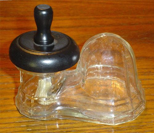 Rare unusual antique victorian glass glue/paste pot w/bk.ebony wood lid &amp; brush for sale