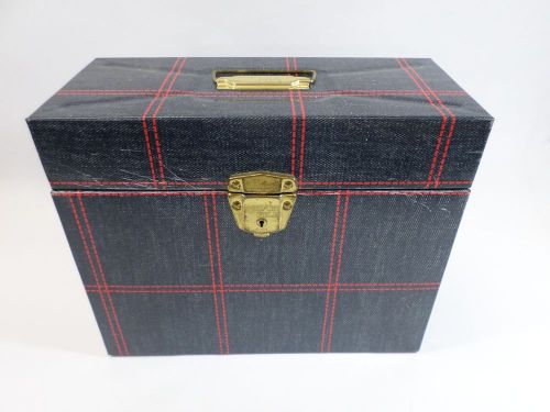 Vintage ballonoff tin metal file case box - navy blue &amp; red plaid (denim) color for sale