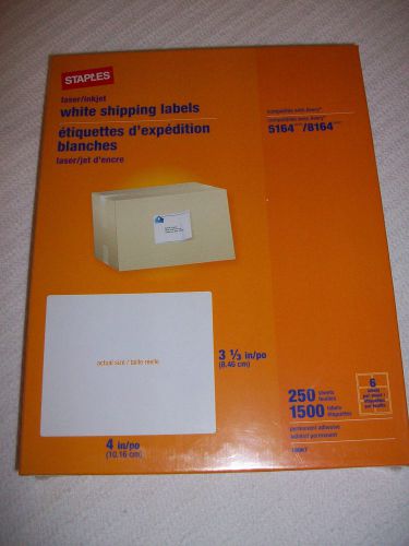 Box staples white inkjet laser shipping 3 1/3&#034; x 4&#034; 1500 labels avery 5164 8164 for sale