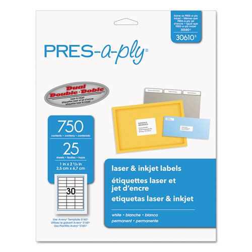 Pres-A-Ply Laser Address Labels, 1 x 2-5/8, White, 750/Pack
