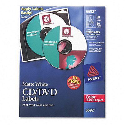 Avery  Laser CD/DVD Labels, Matte White, 30/Pack, PK - AVE6692- FREE SHIPPING!!