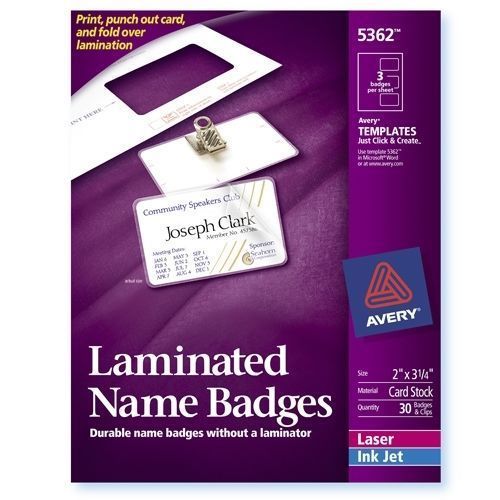 Avery Self Laminating Name Badges - 5362 Laser/Ink Jet - Box of 30