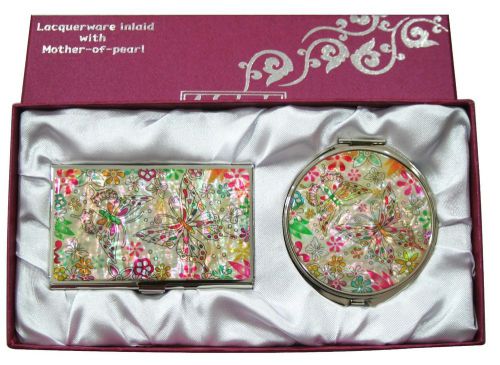 Nacre butterfly Business card holder case Makeup compact mirror gift set  #25-1