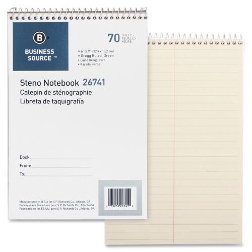 Business Source Steno Notebook - 70 Sht -15 lb -6&#034;x9&#034;- Green Paper- BSN26741