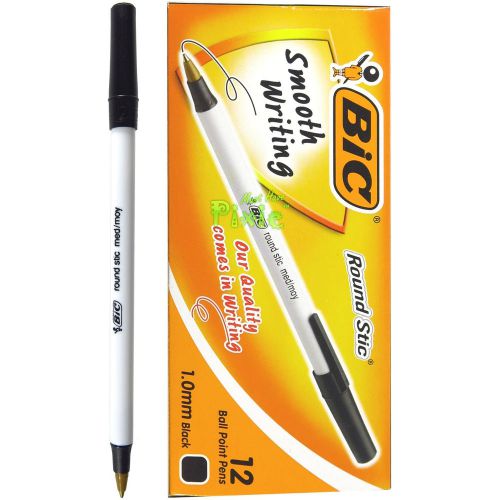 BIC Round Stic® MEDIUM 1.0 mm white barrel ballpoint pen 1box(12 PCS) - BLACK