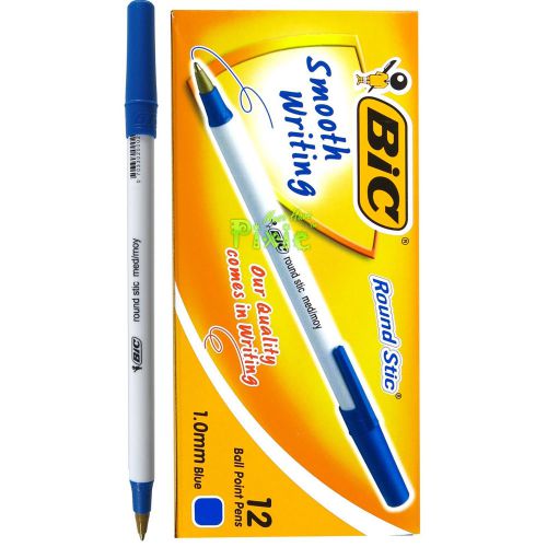 BIC Round Stic® MEDIUM 1.0 mm white barrel ball point pen 1box(12 PCS) - BLUE