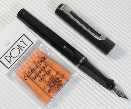 JINHAO 599B Fountain pen BLACK plastic barrel free 5 POKY cartridges ORANGE ink