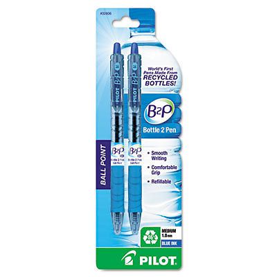 B2P Recycled Ballpoint Pen, 1.0 mm, Blue Ink, 2/Pk