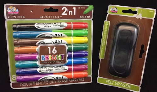 Set Of 8 Double-ended Dry Erase Markers 16 Bright Colors And Felt Eraser