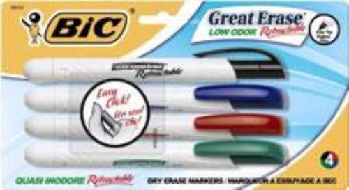 BIC Great Erase Retractable White Board Markers Low Odor 4 Count Assorted