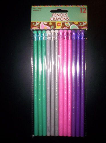 &#034;Glitter&#034;  Pencils #2--PACK OF 12 ---SILVER,~PINK~PURPLE~BLUE~~-NEW