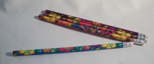 Hawaii Wood Hibiscus Floral Lead Pencil w/ Eraser Purple Red Blue LOT 4 NEW