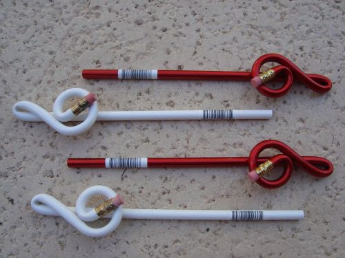 4 Music Bent Pencils G Clef  RED/WHITE Wood 8&#034; Long Great MUSIC Gift Brand NEW